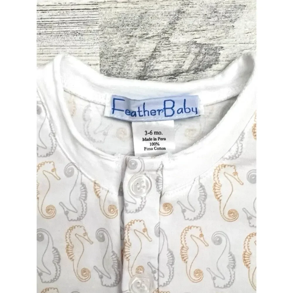 🦋3/$30 Feather Baby Romper Boys 3-6M White Seahorse Pima Cotton Henley Snap